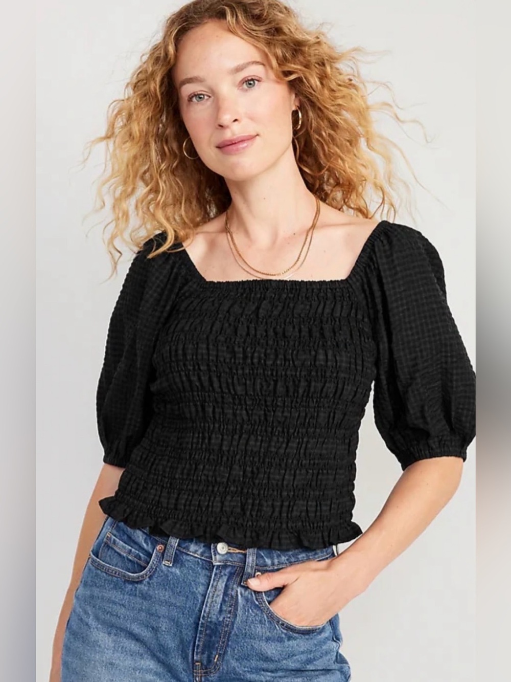 old navy black smocked puff sleeve top